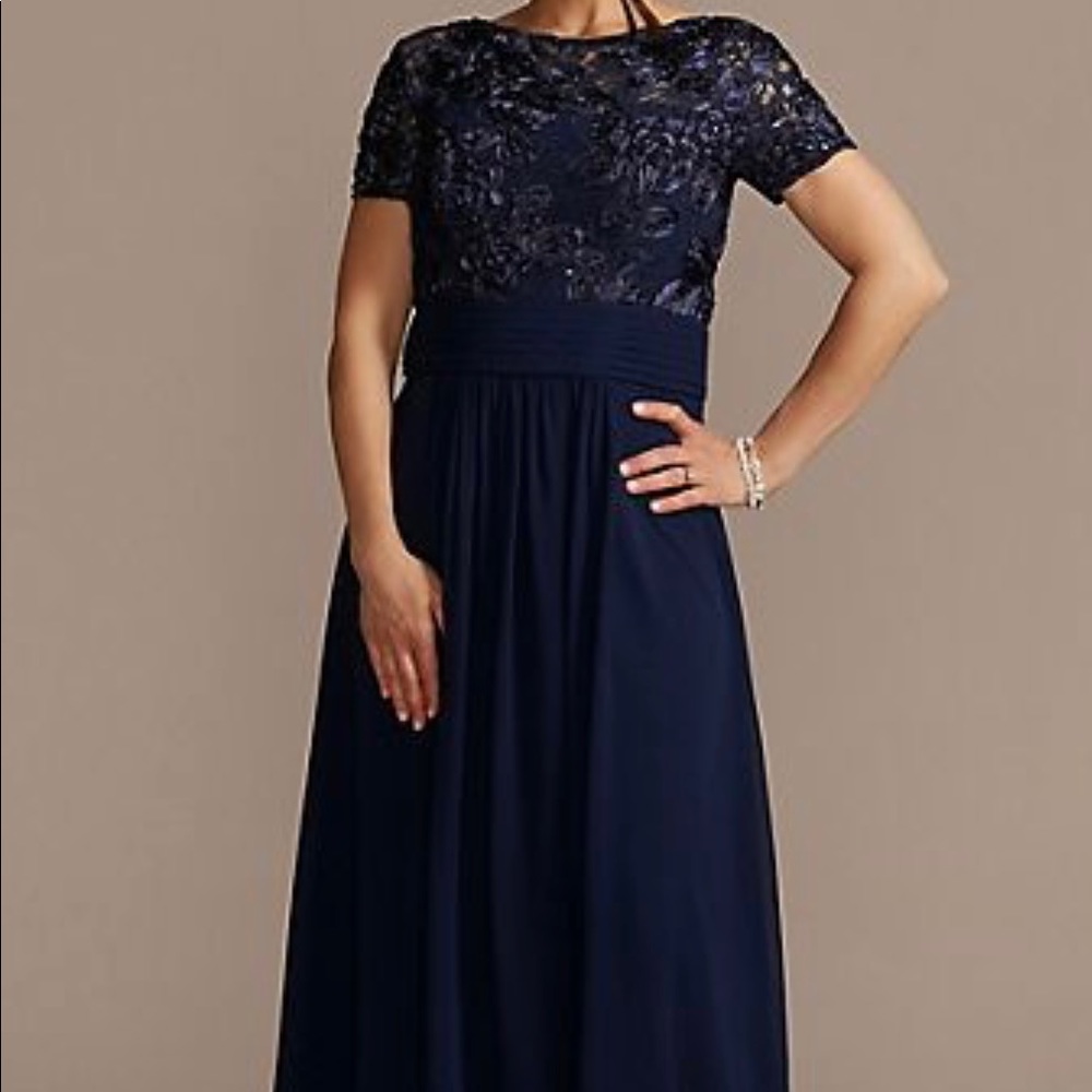 *David’s Bridal Floor Length Sheath Gown with Lace Bodice